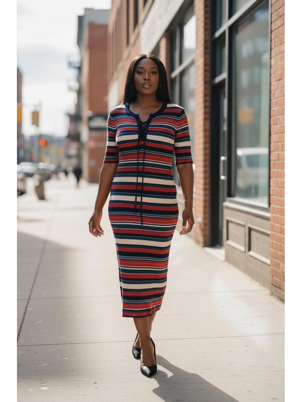 Lunik Striped Ribbed Midi Dress Size L